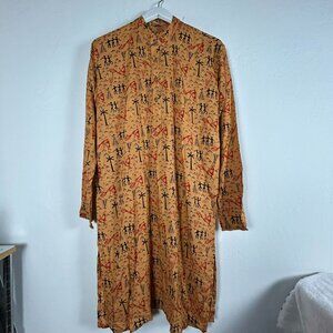 Unbranded Women's Printed Henley Neck Long Sleeve Casual Midi Dress Brown Small